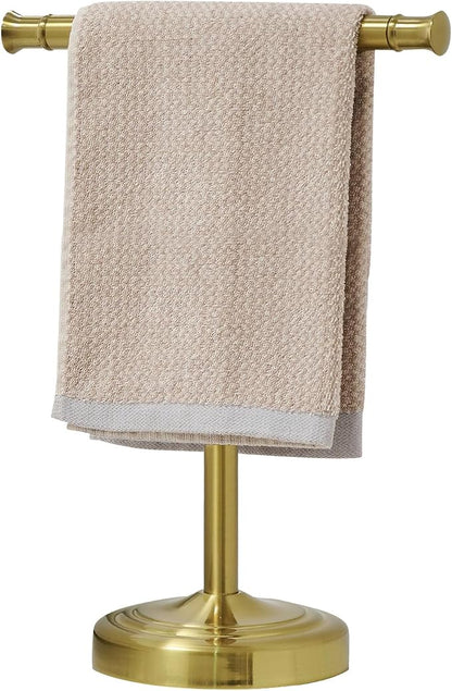 RUMOSE Brushed Gold Hand Towel Holder Stand Countertop Towel Rack | 13 Inch Bathroom Kitchen Vanity T-Shape Towel Stand Free Standing Stainless Steel Towel Bar Towel Ring