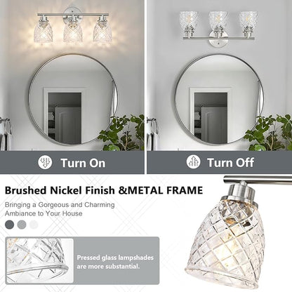 3-Light Bathroom Light Fixtures, Brushed Nickel Vanity Lights Over Mirror | Modern Farmhouse Wall Sconces with Hammered Glass Lampshade for Kitchen Hallway Bedroom Living Room Cabinet Porch-18.1IN