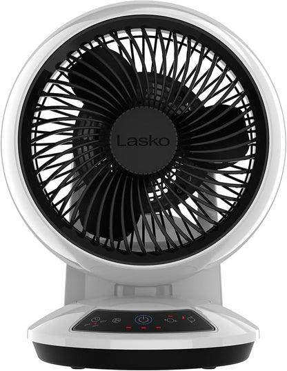 Lasko Whirlwind Orbital Motion Air Circulator Table Fan, 3 Speeds, Timer, Dark Mode, Remote Control for Small and Medium Sized Rooms, White, A12557