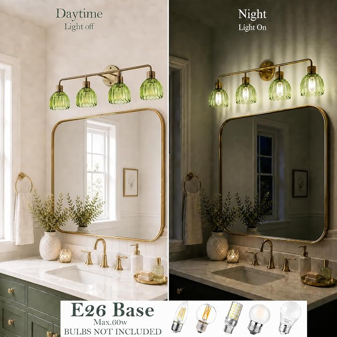 4-Light Gold Brass Bathroom Light Fixture,Wall Sconces,Brushed Gold Vanlity Light Over Mirror,Bathroom Vanity Light with Green Glass Flower Shade,E26 Socket(Bulbs Not Included)