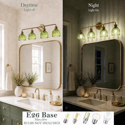 4-Light Gold Brass Bathroom Light Fixture,Wall Sconces,Brushed Gold Vanlity Light Over Mirror,Bathroom Vanity Light with Green Glass Flower Shade,E26 Socket(Bulbs Not Included)