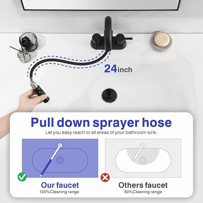 Bathroom Faucet with Sprayer, Matte Black 2 Handles with Pop-Up Drain | Kablle 3 Holes Pull Out 4 inch Centerset Laundry Bar Basin Pull Out Faucet with Pop-Up Drain, KBL-MP-6002B-CL
