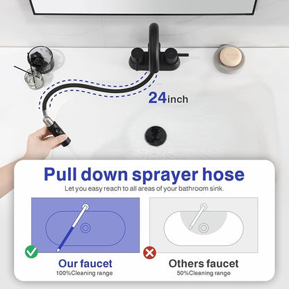 Bathroom Faucet with Sprayer, Matte Black 2 Handles with Pop-Up Drain | Kablle 3 Holes Pull Out 4 inch Centerset Laundry Bar Basin Pull Out Faucet with Pop-Up Drain, KBL-MP-6002B-CL