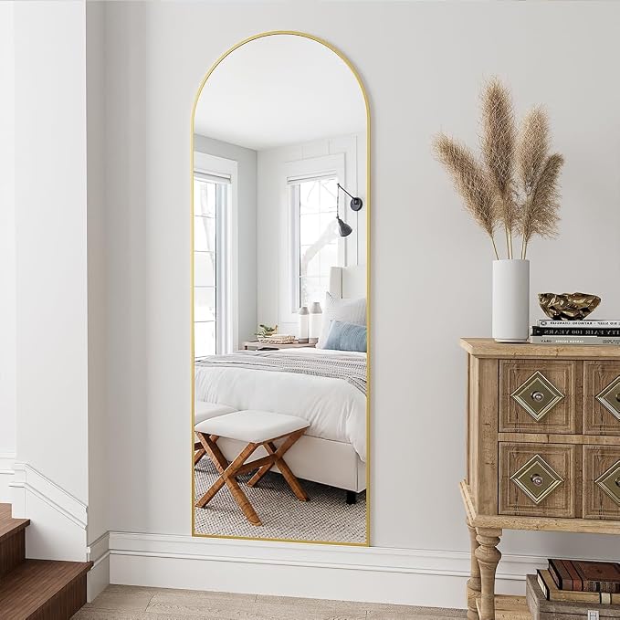 Dewfig Arched Full Length Mirror, 58"X18" Large Full Body Mirror, Gold | Aluminum Alloy Frame Floor Mirror, HD Shatterproof Tempered Glass, Lean/Stand/Wall for Living Room,Bedroom, Dressing Room