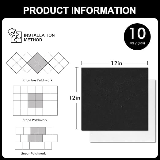 10-Pack 12"x12" Peel and Stick Floor Tiles Waterproof Self Adhesive Vinyl DIY Flooring for Bedroom, Bathroom, Kitchen, RV, Cover 10 Sq. Ft, Matte Black & White