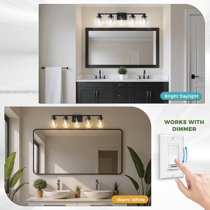 DORESshop 5-Light Black Bathroom Vanity Light Fixture ETL Listed | Modern Bathroom Vanity Light, Black Wall Light Fixture With Clear Glass Shade, Mirror Lighting for Hallway Living Room