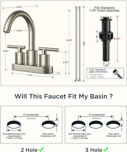 FORIOUS Brushed Nickel Bathroom Faucet 2 Hole, 4 Inch Centerset Bathroom Sink Faucet Brushed Nickel with Pop-up Dain, 24" CUPC Hoses, 360° Swivel Gooseneck for RV Basin