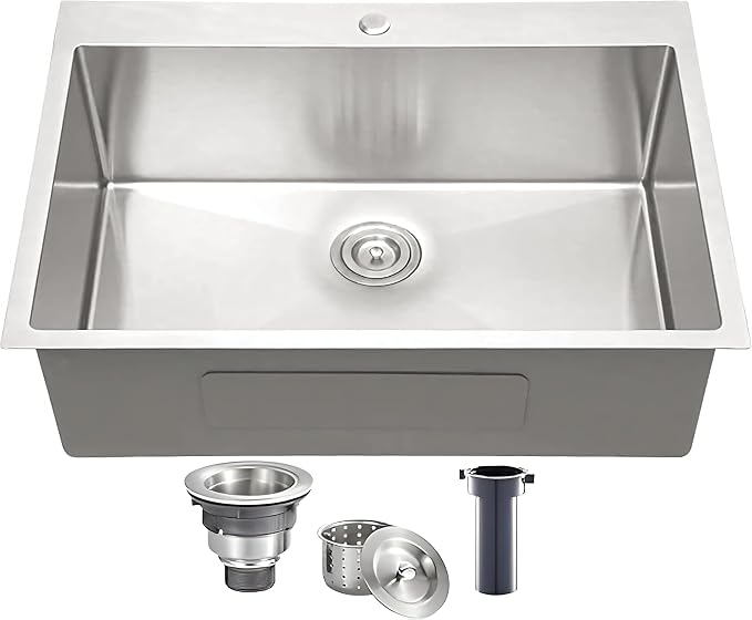 VCCUCINE 25x22 Inch Drop in Kitchen Sink 16 Gauge Top Mount Handmade T304 Brushed Nickel Kitchen Sink,Stainless Steel Single Bowl Workstation Topmount Overmount Sink with Strainer