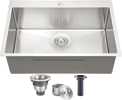 VCCUCINE 25x22 Inch Drop in Kitchen Sink 16 Gauge Top Mount Handmade T304 Brushed Nickel Kitchen Sink,Stainless Steel Single Bowl Workstation Topmount Overmount Sink with Strainer