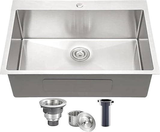 VCCUCINE 25x22 Inch Drop in Kitchen Sink 16 Gauge Top Mount Handmade T304 Brushed Nickel Kitchen Sink,Stainless Steel Single Bowl Workstation Topmount Overmount Sink with Strainer