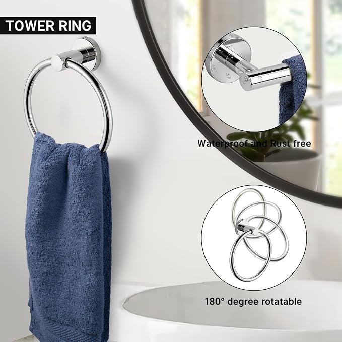 10 Piece Brushed Chrome Bathroom Hardware Set, Towel bar Set for Bathroom | 24 inch Silver Towel bar, Bathroom Towel Rack, Towel Ring, Toilet Paper Holder, Towel Hook, Bathroom Accessories Set