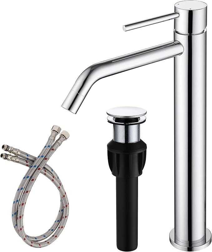 Chrome Tall Bathroom Faucet with Sink Drain and Supply Lines, JXMMP Single Handle Vessel Sink Faucet Chrome Single Hole, Stainless Steel Vessel Faucet JXM1001CP