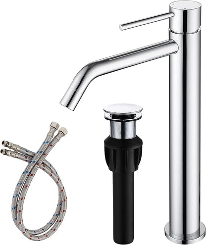 Chrome Tall Bathroom Faucet with Sink Drain and Supply Lines, JXMMP Single Handle Vessel Sink Faucet Chrome Single Hole, Stainless Steel Vessel Faucet JXM1001CP
