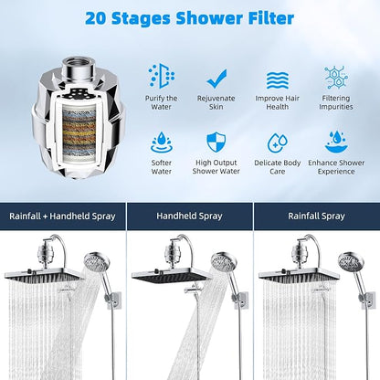 Hibbent 13'' Filtered Shower Head with 10-Spray Handheld, Chrome | 5 Modes Rainfall Shower Head, High Pressure Showerhead Combo, 20 Stage Shower Filter, 12'' Extension Arm, 71'' Hose & Holder