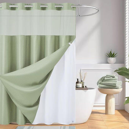 Furlinic No Hook Waffle Weave Shower Curtain with Snap in Fabric Liner,Honeycomb Textured Bathroom Curtains with See Through Top Window,Waterproof & Machine Washable,Sage Green,71x78 Inch