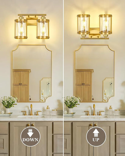 2-Light Brushed Gold Bathroom Light Fixtures, 13.8 Inch Modern Bathroom Vanity Lighting Fixtures Over Mirror with Clear Glass and Metal Cage Wall Sconce Lights for Bath, E26, OS-3014BG-2W