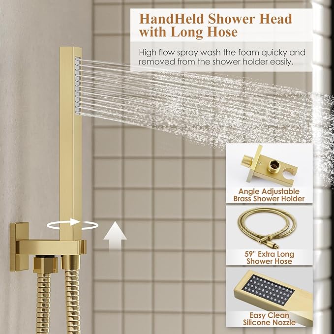 Shower System, Gold Shower Faucet Set with Shower Valve and Trim Kit, 12 Inch Rain Shower Head with Handheld Spray, Brushed Gold Shower Head and Handle Set, High Pressure Shower Head System