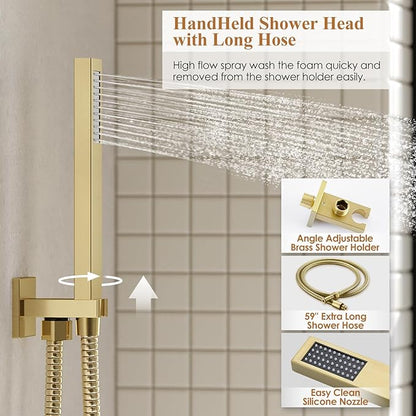 Shower System, Gold Shower Faucet Set with Shower Valve and Trim Kit, 12 Inch Rain Shower Head with Handheld Spray, Brushed Gold Shower Head and Handle Set, High Pressure Shower Head System