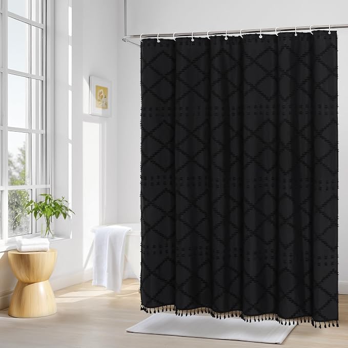 Black Boho Woven Fabric Shower Curtain with Tassel 72x84, Tufted Textured | Modern Farmhouse Curtain for Bathroom, Extra Long Bathroom Curtain, Minimalist Decor, Waterproof
