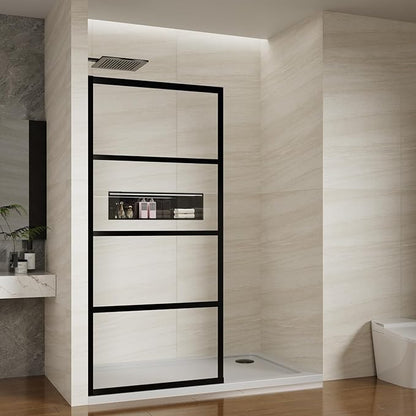 Shower Screen 36" x 76" Half Frameless Shower Wall Panel, Tempered Glass 3/8 inch, Easy to clean Coating, Fixed Glass Shower Door with Hardware, Grid Pattern