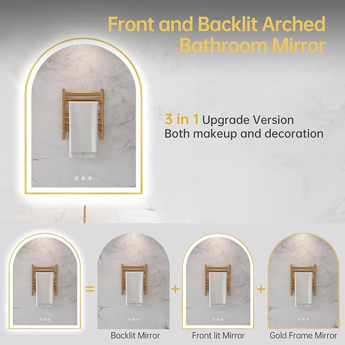24"x32" Arched LED Lighted Bathroom Mirror with Lights | Gold Aluminum Frame, Fogless, Dimmable, Shatterproof, Touch Sensor, 3 Color Changing