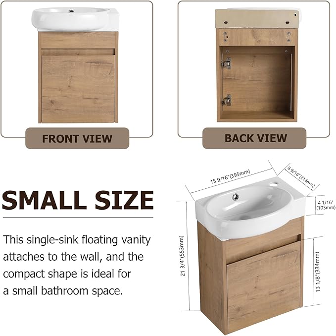 Henf 17'' Wall Mounted Bathroom Vanity Sink Combo for Small Space, Modern Bathroom Vanity Set with Ceramic Sink Top, Hanging Garage Vanities Compact Floating Small Cabinet for Bath Room