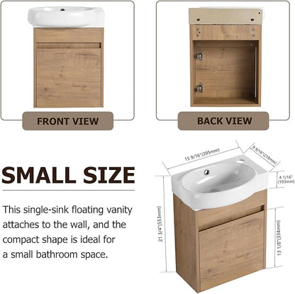 16 Inch Wall Mount Vanity w/Sink Combo for Small Space, Round Single Ceramic Sink Modern Bathroom Vanity Cabinet