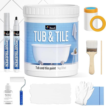 DWIL Tub Paint, Tub and Tile Refinishing Kit 33oz with Tools and 2 Grout Pen, White Bathtub Paint Water Based &Low Odor, Easy to Use Sink for Bathroom Kitchen, Semi-Gloss White, 50-55sq.ft