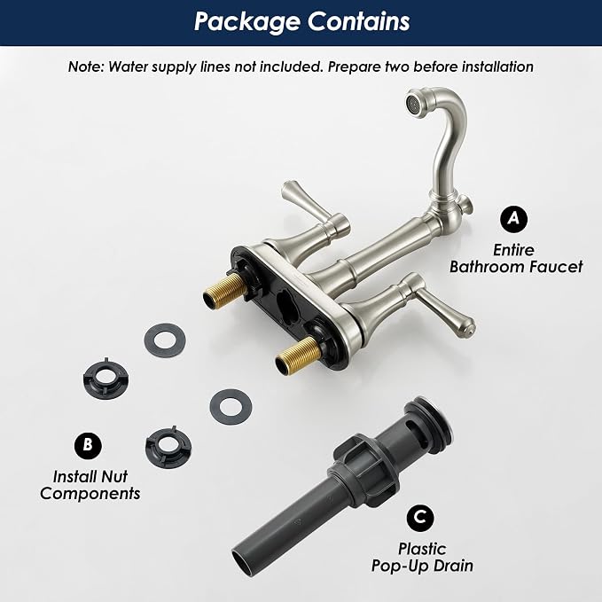 4" Centerset Brushed Nickel Bathroom Faucets for 2/3-Hole Sinks | Includes Plastic Pop-Up Drain, Classic 4" Center Set Lavatory/Bath Vanity Faucets, 2-Handle High Arc 360° Swivel Brass Spout