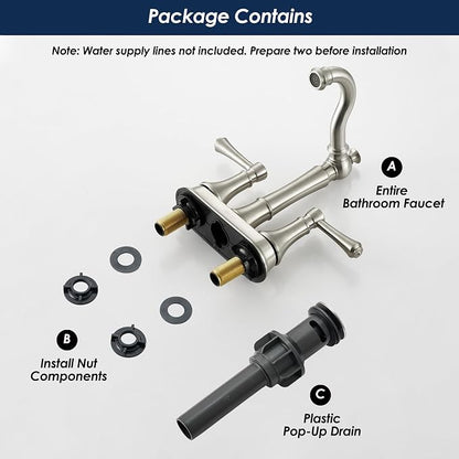 4" Centerset Brushed Nickel Bathroom Faucets for 2/3-Hole Sinks | Includes Plastic Pop-Up Drain, Classic 4" Center Set Lavatory/Bath Vanity Faucets, 2-Handle High Arc 360° Swivel Brass Spout