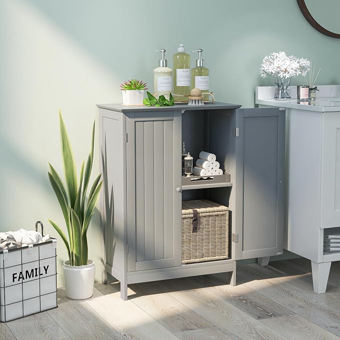 Giantex Storage Cabinet with Doors and Shelves - Freestanding Storage Organizer with Anti-Tipping Device, Entryway Storage Unit for Living Room, Home Decor, Bathroom Floor Cabinet (Gray)