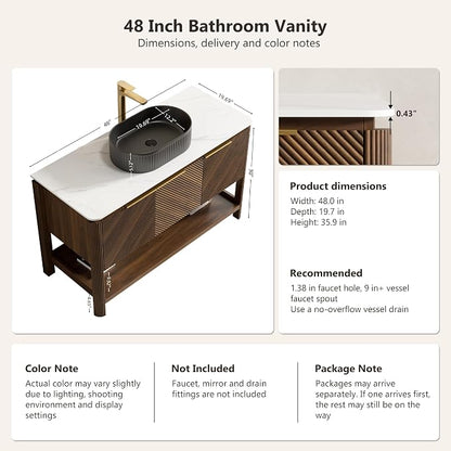 Yayzy 48 Inch Bathroom Vanity with Sink, Freestanding Dark Walnut Bathroom Cabinet, Matte Black Oval Vessel Sink, Carrara White Sintered Stone Countertop, Soft Close Doors, Open Storage Shelf