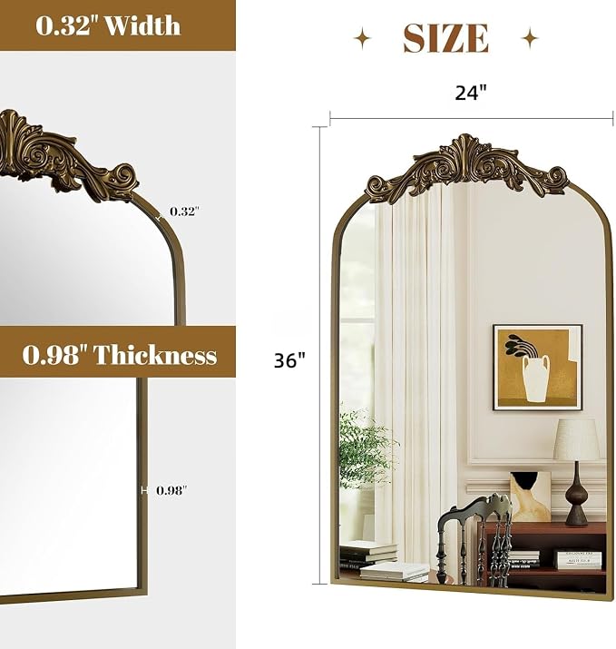 Dewfig Vintage Arched Wall Mirror, 36"x24" Antique Bronze Bathroom Mirror | Ornate Baroque Metal Frame Brass Mirror, Victorian Antique Bronze Mirrors for Living Room, Bathroom, Fireplace, Wall Decor