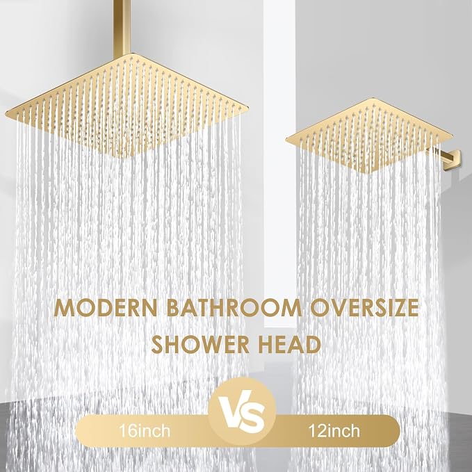 16 inch Brushed Gold Large Rain Shower Head Ceiling Mount - All Metal 304 Stainless Steel, Full Body Rainfall Shower with 324 Silicon Nozzles - Waterfall Bathroom Square Showerhead