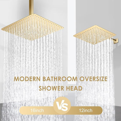 16 inch Brushed Gold Large Rain Shower Head Ceiling Mount - All Metal 304 Stainless Steel, Full Body Rainfall Shower with 324 Silicon Nozzles - Waterfall Bathroom Square Showerhead