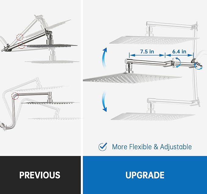 G-Promise 12 Inch All Metal Rain Shower Head with Extension Arm | Built to Last, Rust Resistant, Easy to Install, Adjustable, Full Body Coverage Large Rainfall Shower Head, Daily SPA