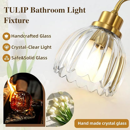 2-Light Bathroom Vanity Light, Gold Vanity Light, Antique Brass Sconces with Tulip Glass Shade, Mid Century Hardwired Wall Sconces for Bedroom, Living Room, Hallway