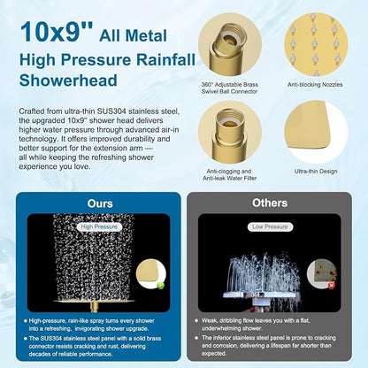 Hibbent Metal 10" High Pressure Rain Shower Head Combo, Brushed Gold | cUPC Certified Rainfall Shower Head with handheld 10 Sprays, 16'' Adjustable Extension Arm, 71'' Hose, Showerhead Holder