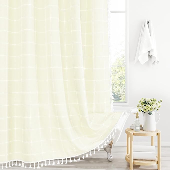 Ivory Boho Farmhouse Shower Curtain for Bathroom 72x72 | 320 GSM French Country Plaid Tassel Shower Curtain, Rustic Aesthetic Bathroom Decor Windows Curtain