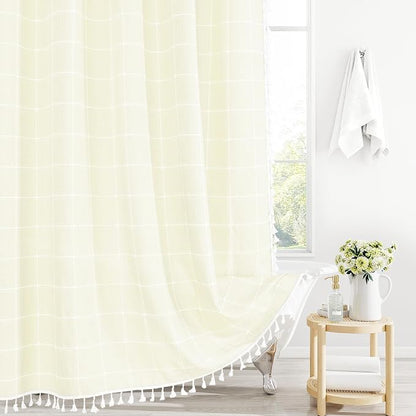 Ivory Boho Farmhouse Shower Curtain for Bathroom 72x72 | 320 GSM French Country Plaid Tassel Shower Curtain, Rustic Aesthetic Bathroom Decor Windows Curtain