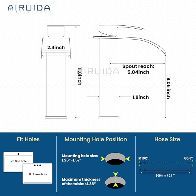 Airuida Tall Vessel Sink Faucet Oil Rubbed Bronze, Single Handle Single Hole Tall Waterfall Bathroom Faucet, Deck Mount Mixer Tap with Large Rectangular Spout Sink Washbasin Faucet Lavatory Vanity