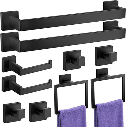 Bathroom Hardware Accessories Set: Bath Towel Bar Set, Towel Racks for Bathroom Wall Mounted, SUS304 Stainless Steel (Matte Black, 10-Pieces)