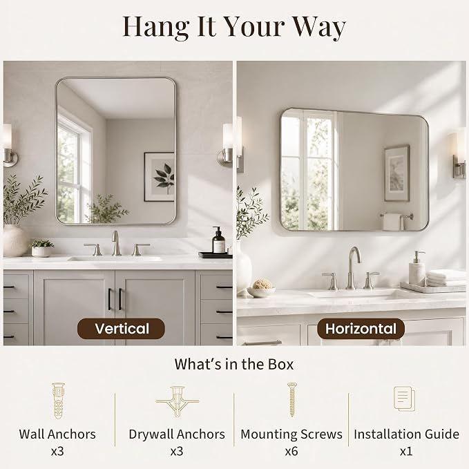 30x36 Inch Brushed Nickel Rounded Rectangle Bathroom Vanity Mirror | For Over-Sink Bathrooms, Corrosion-Resistant Aluminum Frame, Slim Front Profile, Two-Way Mount, Protective Packaging