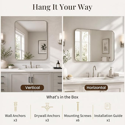 30x36 Inch Brushed Nickel Rounded Rectangle Bathroom Vanity Mirror | For Over-Sink Bathrooms, Corrosion-Resistant Aluminum Frame, Slim Front Profile, Two-Way Mount, Protective Packaging