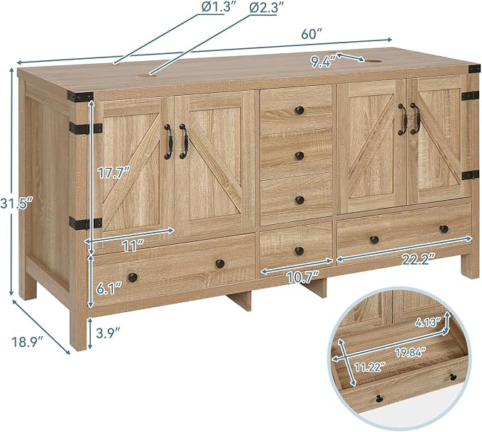 60 inch Natural Color Bathroom Vanity, Rustic Fixture Standing Pedestal Cabinet with Two Brown Brown Glass Sinks