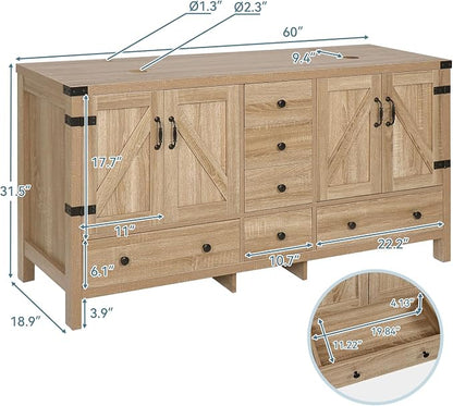 60 inch Natural Color Bathroom Vanity, Rustic Fixture Standing Pedestal Cabinet with Two Brown Brown Glass Sinks