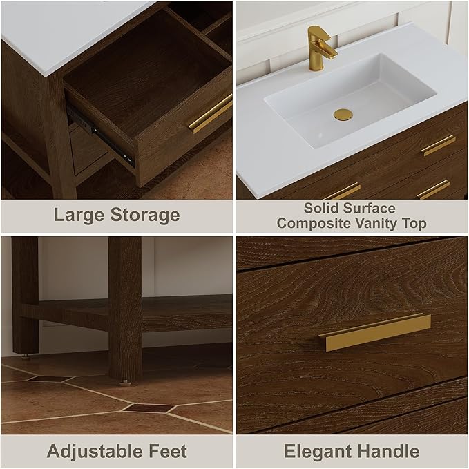 36 Inch Bathroom Vanity with Sink, Farmhouse Storage Cabinet with Drawers & Open Storage Shelf, Assembly Required, Adjustable Feet, Walnut