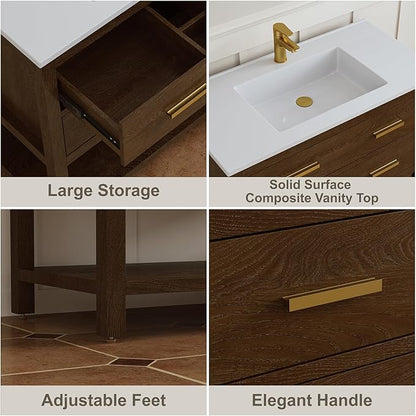 36 Inch Bathroom Vanity with Sink, Farmhouse Storage Cabinet with Drawers & Open Storage Shelf, Assembly Required, Adjustable Feet, Walnut