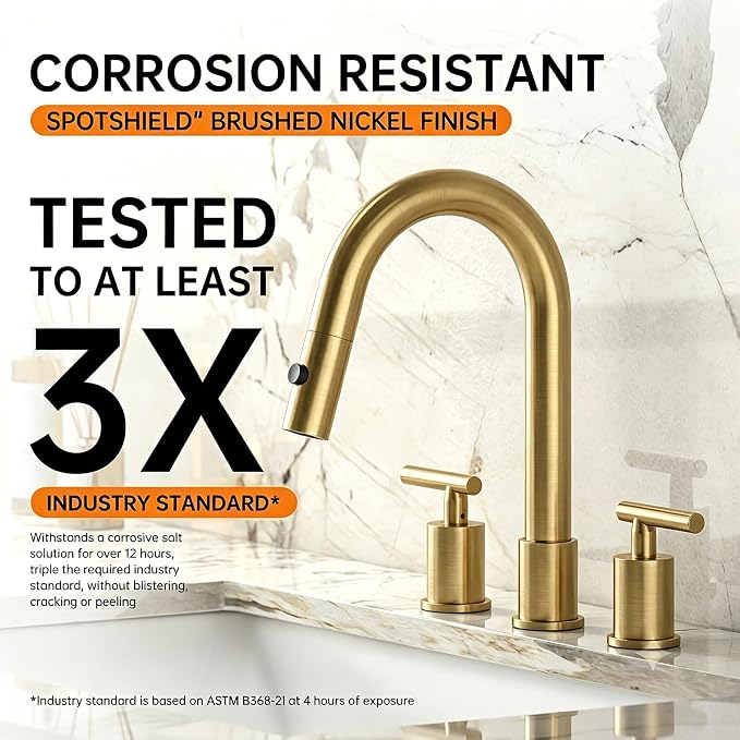 Brushed Gold Pull Down Bathroom Faucet with Pop-up Drain, 8 inch Widespread Bathroom Faucet 3 Hole with Pull Down Sprayer 2 Modes. 8'' Brushed Gold Bathroom Faucet with Supply Lines