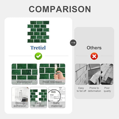 10 Sheets Thicker Design Peel and Stick Backsplash for Kitchen and Bathroom, 12"x12", Green